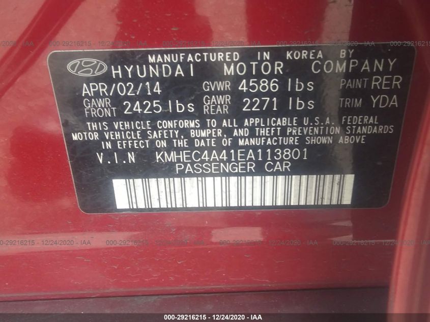 2014 Hyundai Sonata Hybrid VIN: KMHEC4A41EA113801 Lot: 29216215