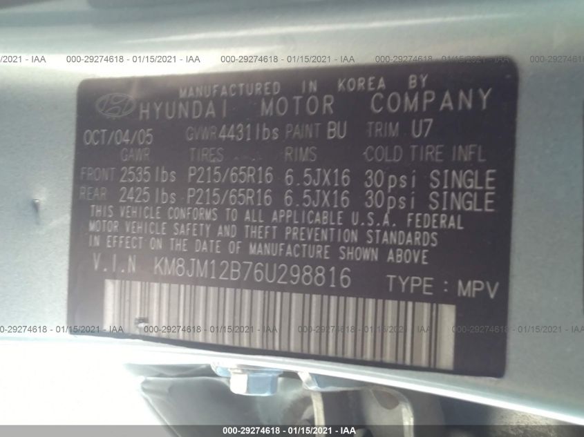 2006 Hyundai Tucson Gl VIN: KM8JM12B76U298816 Lot: 29274618