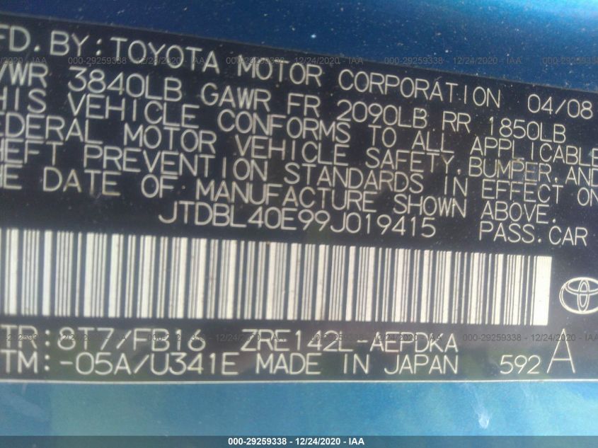 JTDBL40E99J019415 2009 Toyota Corolla Le