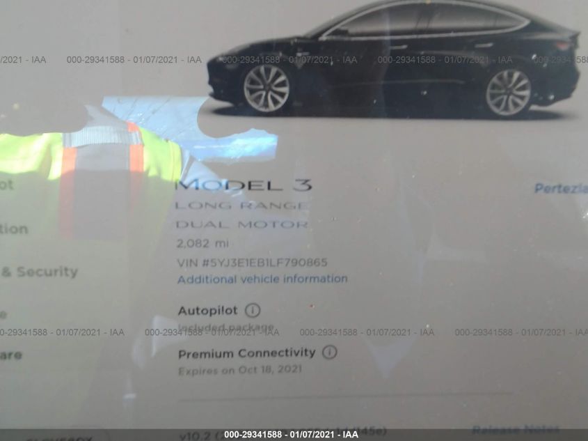 2020 Tesla Model 3 Long Range Dual Motor All-Wheel Drive VIN: 5YJ3E1EB1LF790865 Lot: 29341588