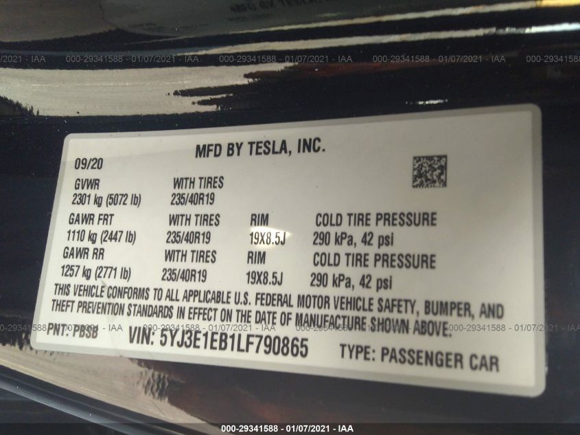 2020 Tesla Model 3 Long Range Dual Motor All-Wheel Drive VIN: 5YJ3E1EB1LF790865 Lot: 29341588