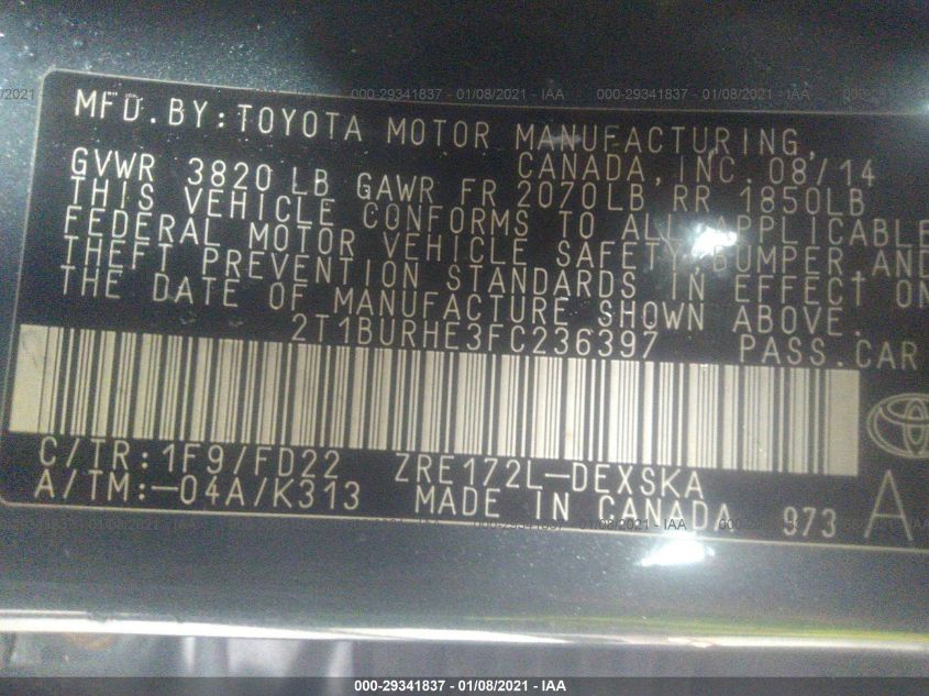 2T1BURHE3FC236397 2015 Toyota Corolla S Plus