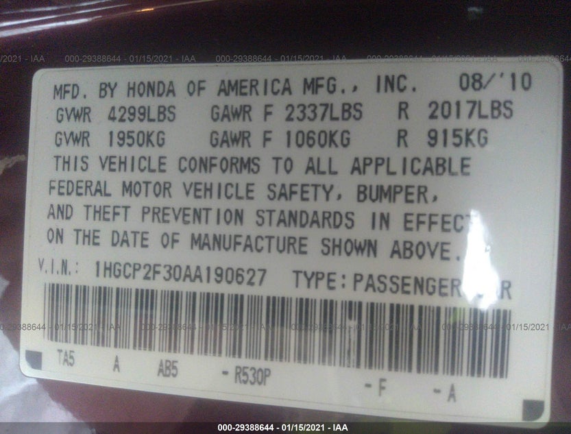 1HGCP2F30AA190627