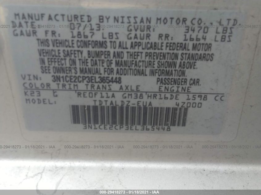 3N1CE2CP3EL365448 2014 Nissan Versa Note Sv