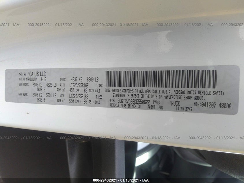 2019 Ram Promaster 2500 High Roof 136" Wb VIN: 3C6TRVCG6KE550622 Lot: 29432021