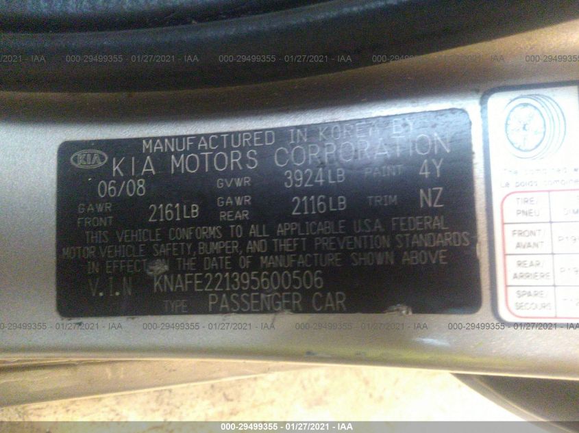 KNAFE221395600506 2009 Kia Spectra Ex