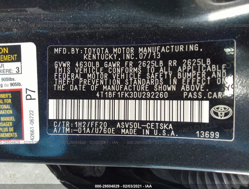 4T1BF1FK3DU292260