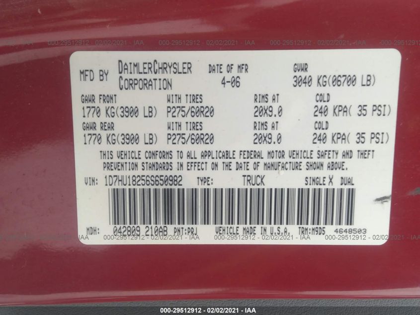 2006 Dodge RAM VIN 1D7HU18256S650982 America Motors