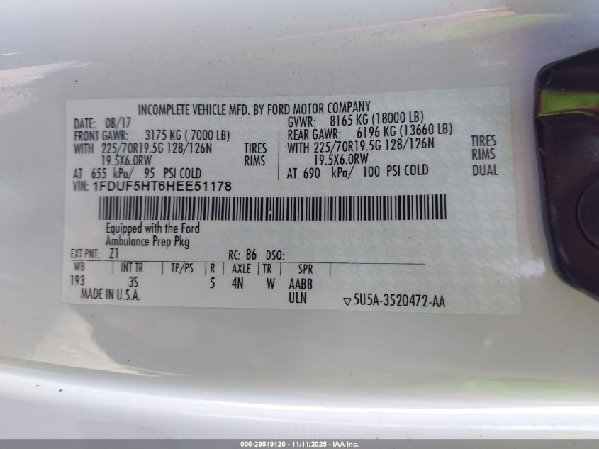 2017 Ford F-550 Chassis Xlt VIN: 1FDUF5HT6HEE51178 Lot: 29549120