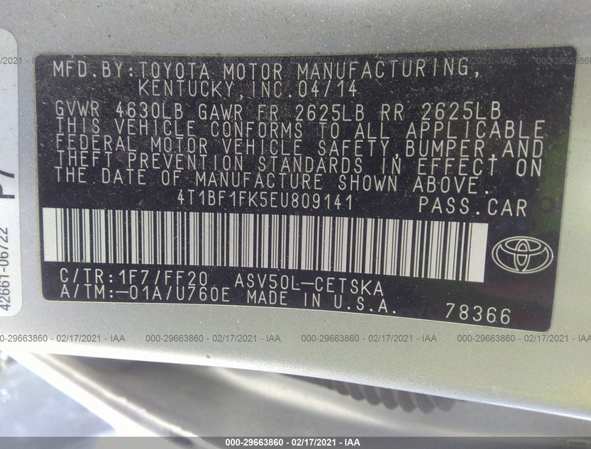 4T1BF1FK5EU809141