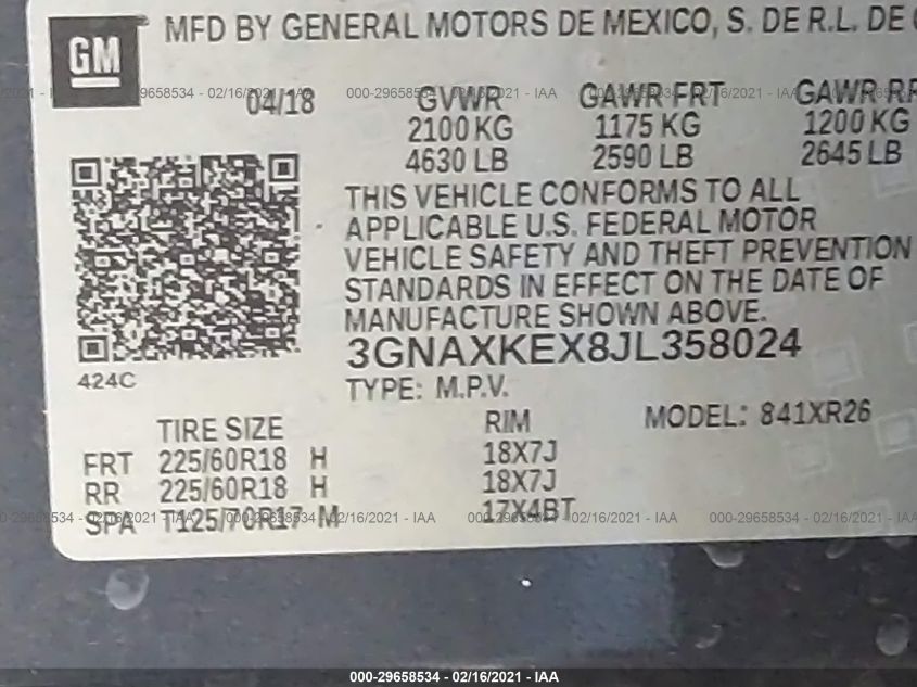 3GNAXKEX8JL358024 2018 Chevrolet Equinox Lt