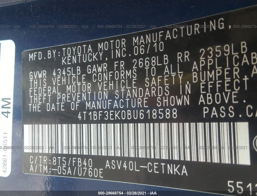 4T1BF3EK0BU618588