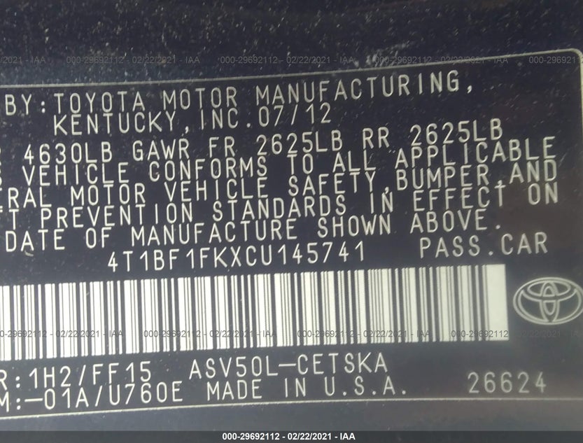 4T1BF1FKXCU145741