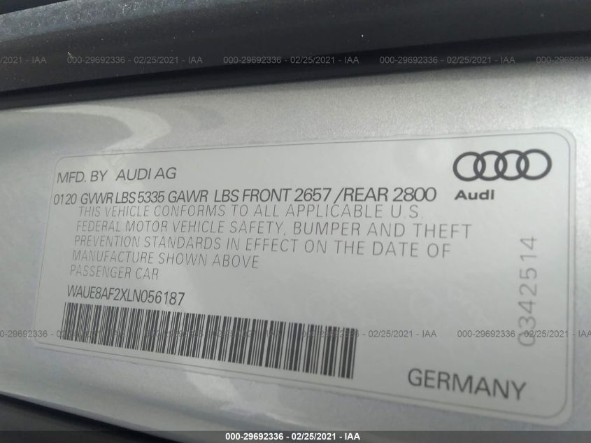 2020 Audi A6 Sedan Premium Plus 45 Tfsi Quattro S Tronic VIN: WAUE8AF2XLN056187 Lot: 29692336