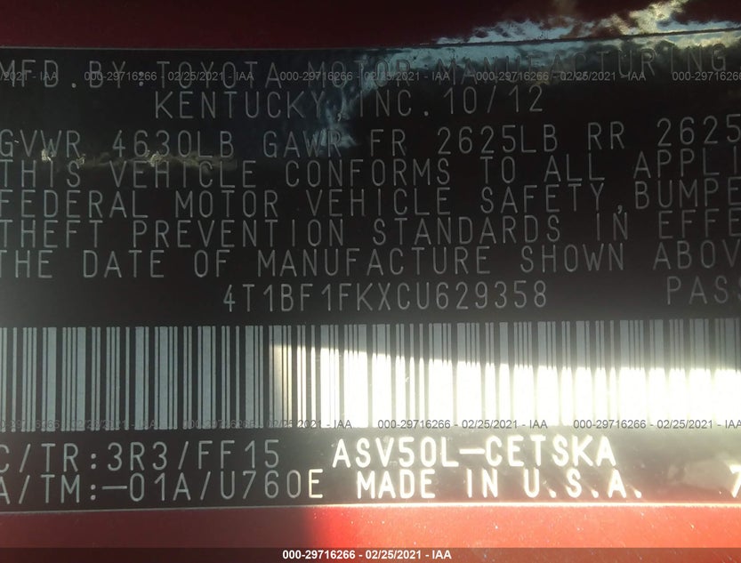 4T1BF1FKXCU629358