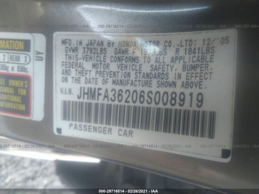 2006 Honda Civic Hybrid VIN: JHMFA36206S008919 Lot: 29716514