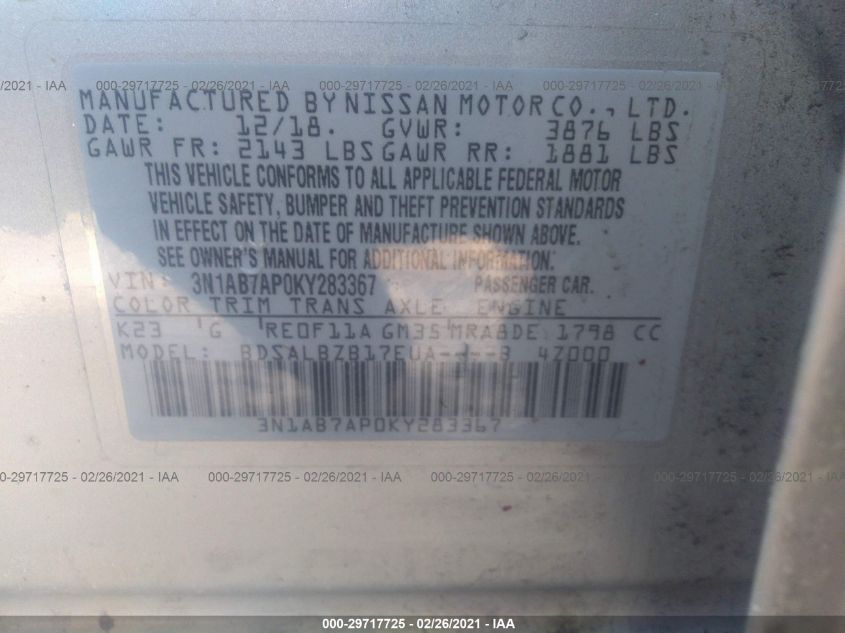 VIN 3N1AB7AP0KY283367 2019 NISSAN SENTRA S