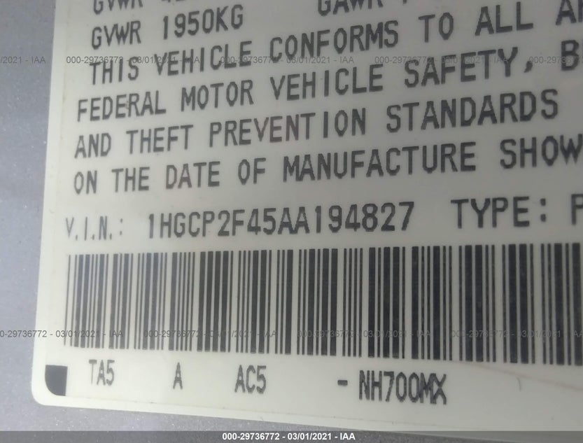 1HGCP2F45AA194827
