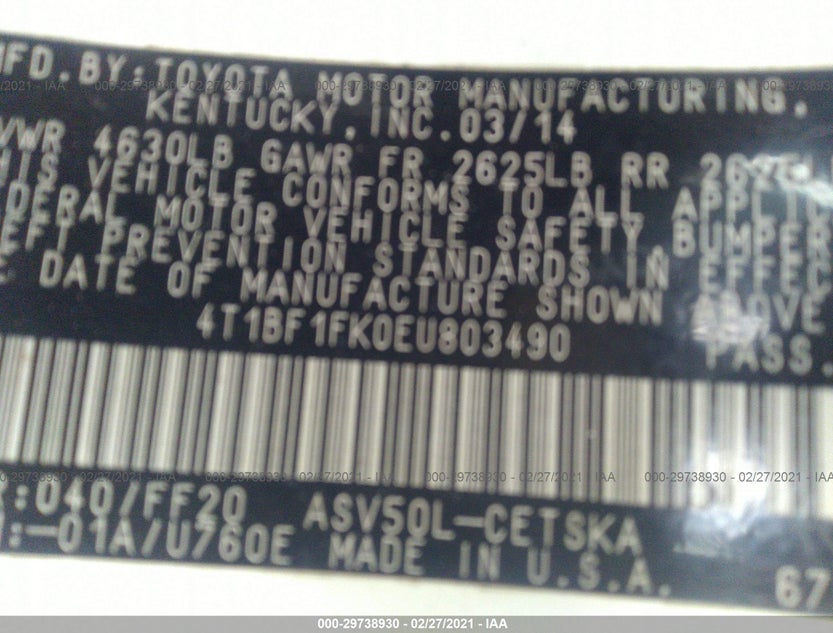 4T1BF1FK0EU803490