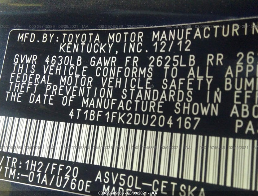 4T1BF1FK2DU204167