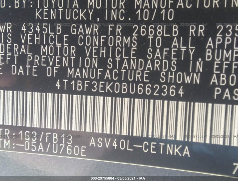 4T1BF3EK0BU662364