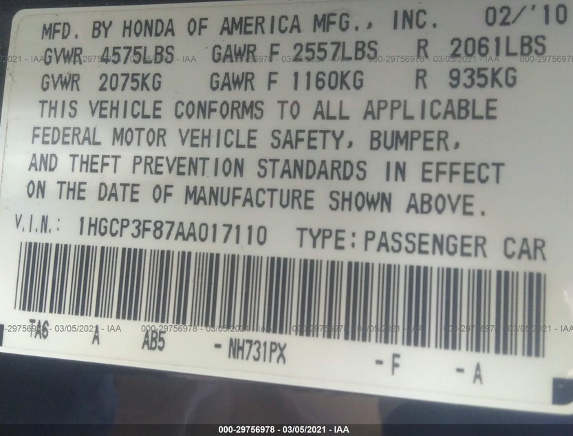 1HGCP3F87AA017110