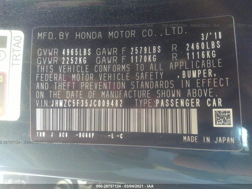 2018 HONDA 0 VIN: JHMZC5F35JC009482