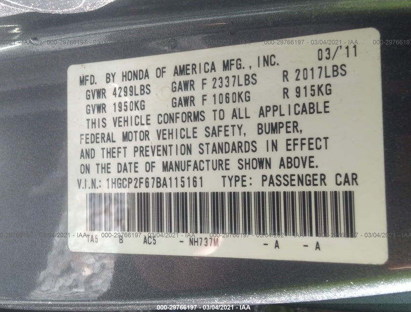 1HGCP2F67BA115161