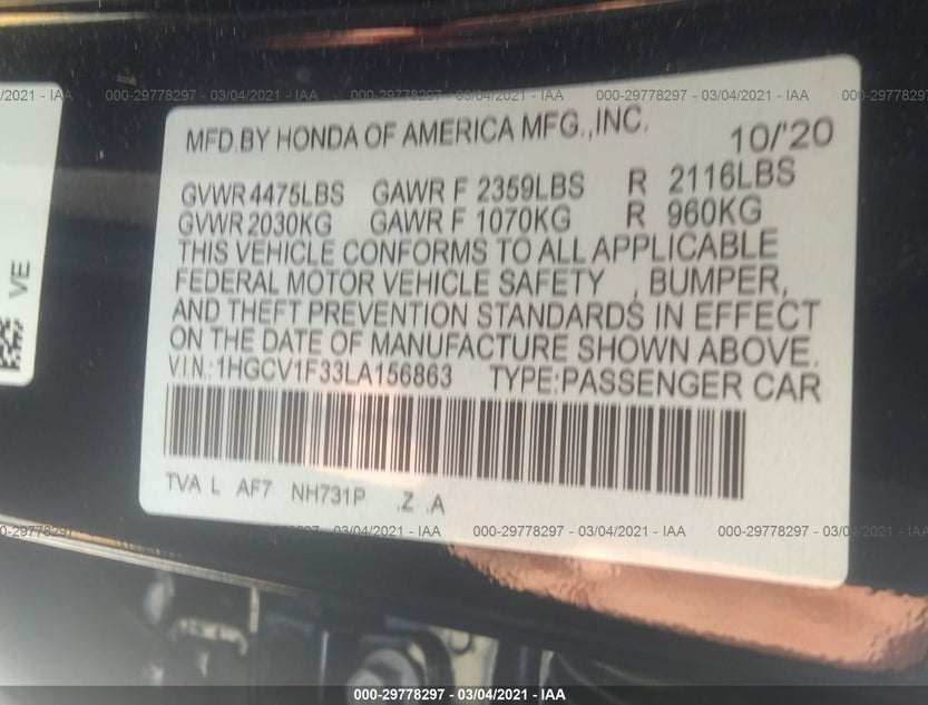 1HGCV1F33LA156863