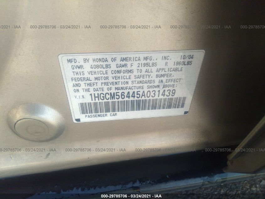 2005 Honda Accord Sdn Lx VIN: 1HGCM56445A031439 Lot: 29785706