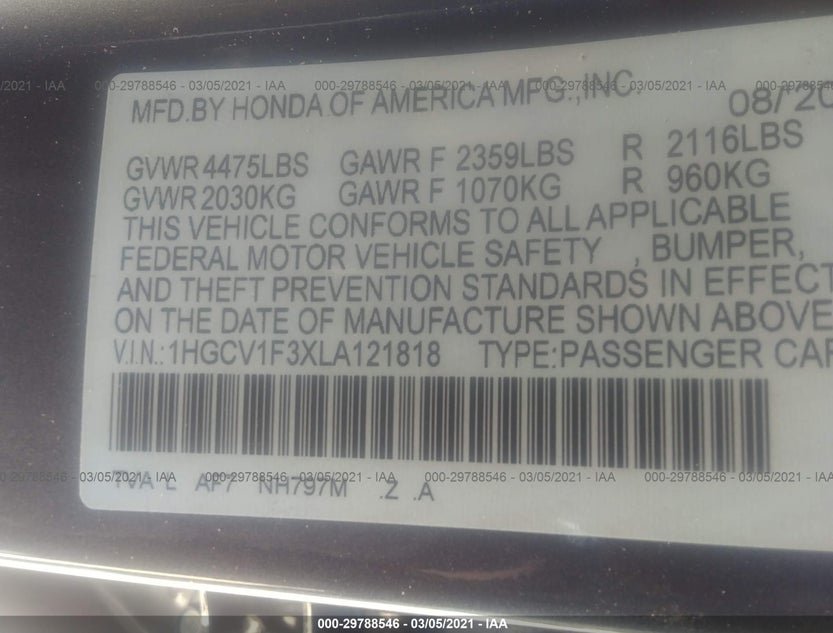 1HGCV1F3XLA121818