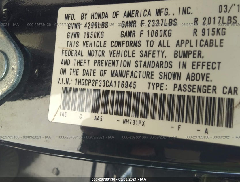 1HGCP2F33CA116945