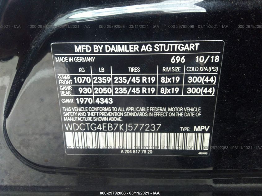 WDCTG4EB7KJ577237 2019 Mercedes-Benz Gla 250