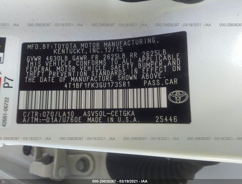 4T1BF1FK3GU173581