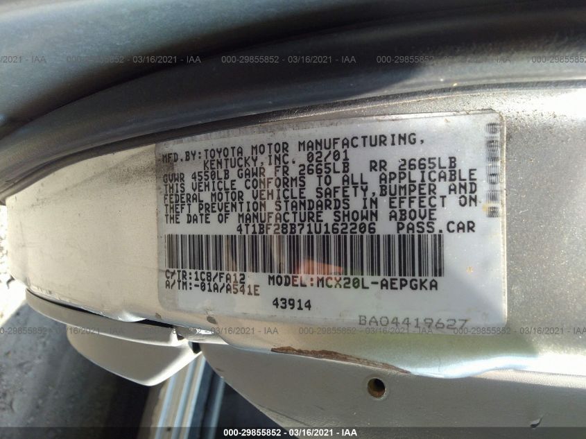 4T1BF28B71U162206 2001 Toyota Avalon Xls W/Bucket Seats