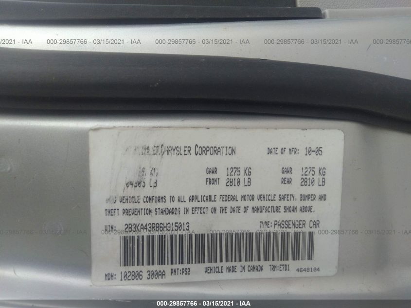 2006 Dodge Charger VIN: 2B3KA43R86H315013 Lot: 29857766