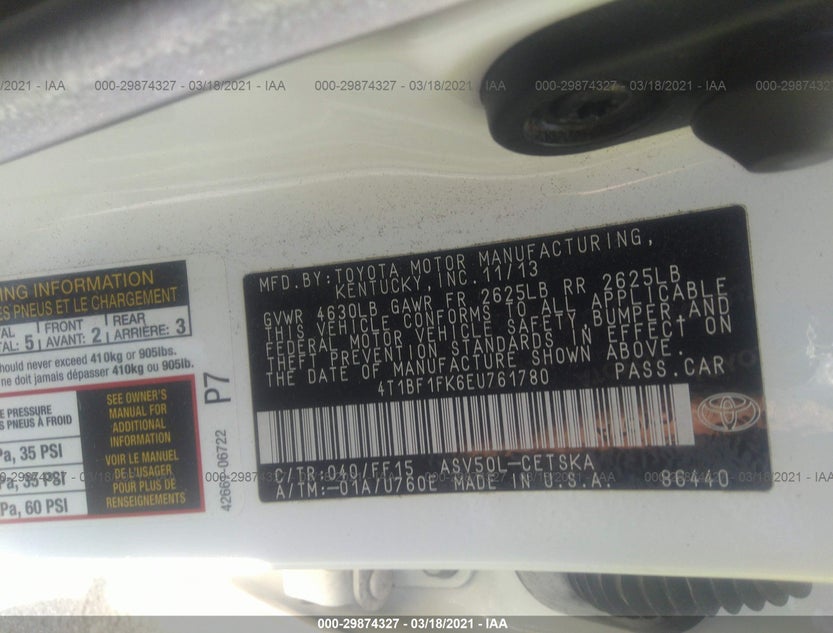4T1BF1FK6EU761780