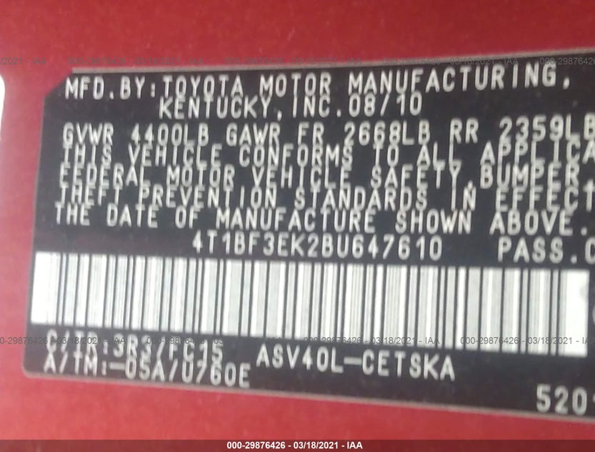 4T1BF3EK2BU647610