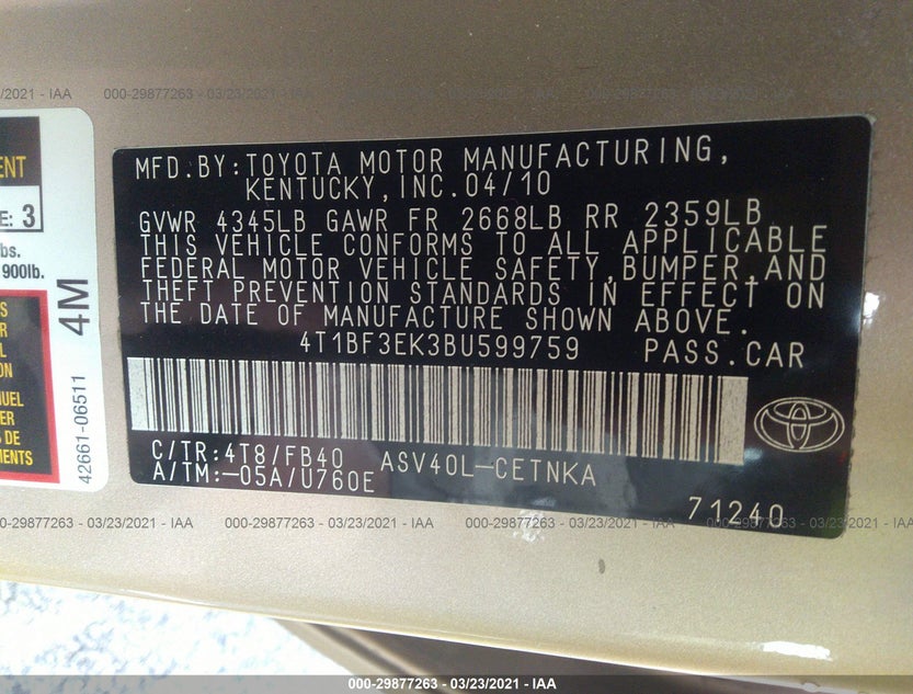 4T1BF3EK3BU599759