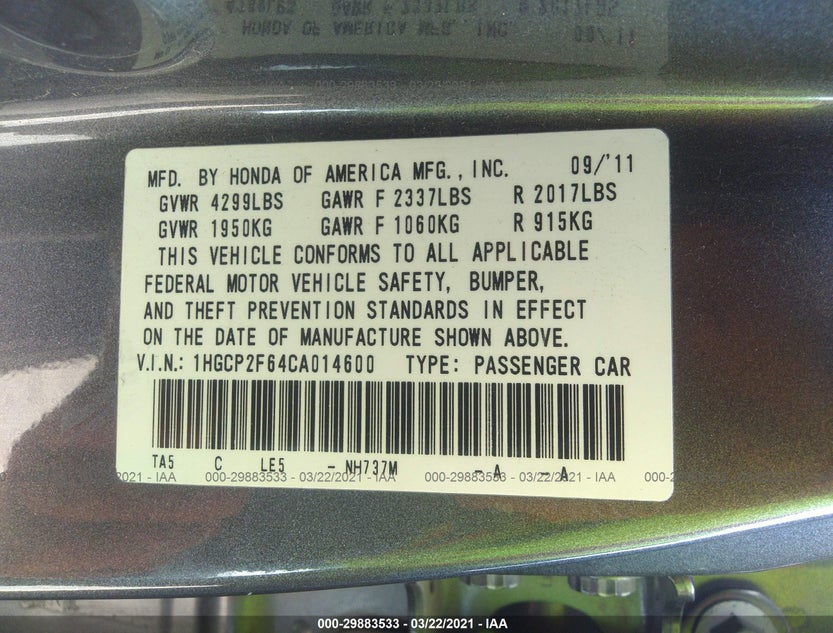 1HGCP2F64CA014600