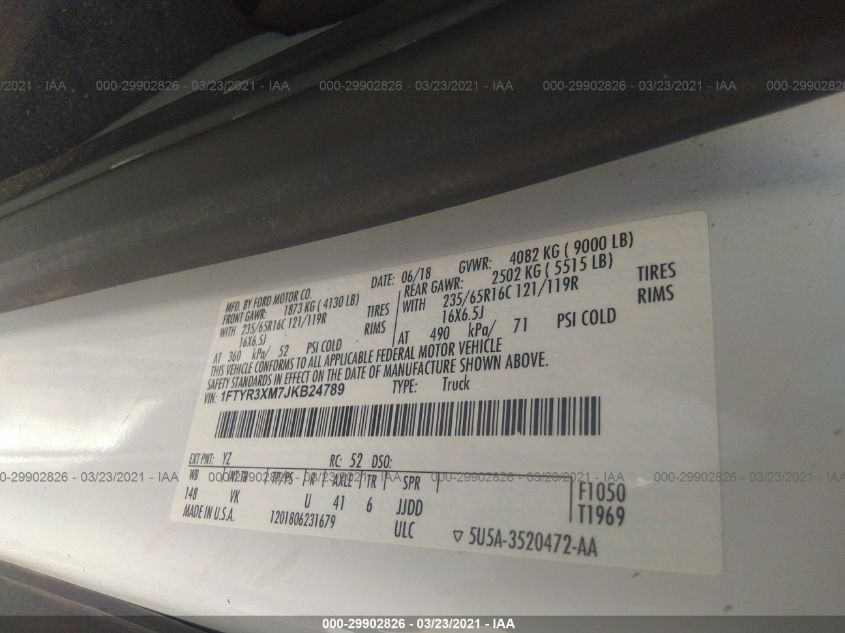 2018 Ford Transit-250 VIN: 1FTYR3XM7JKB24789 Lot: 29902826