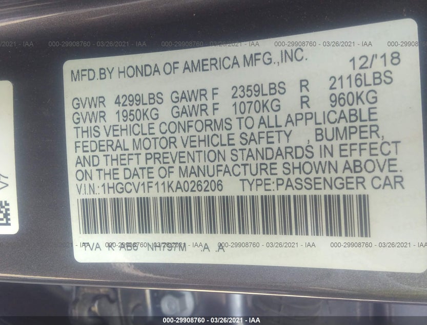 1HGCV1F11KA026206