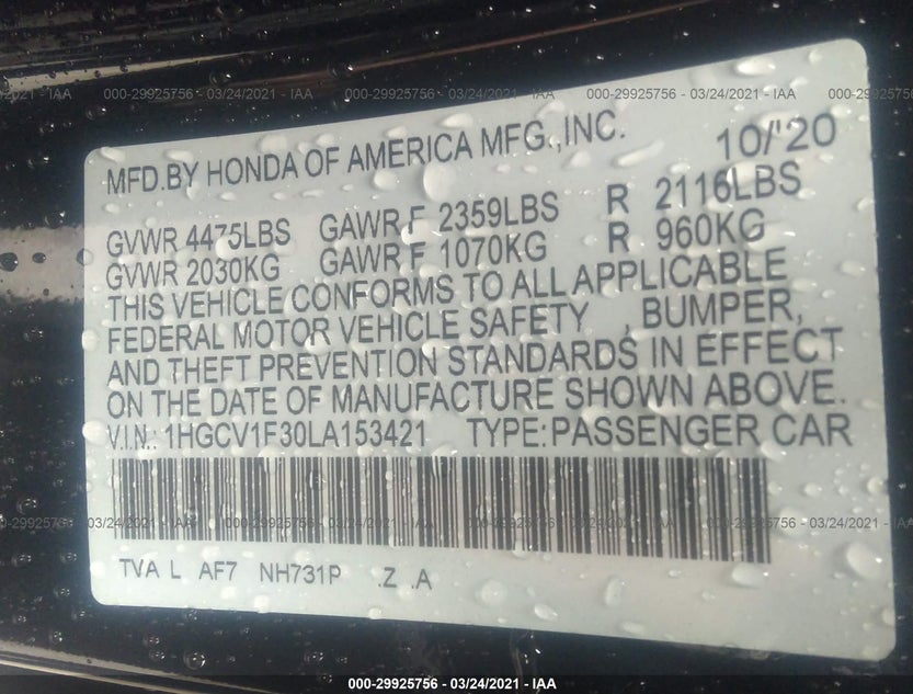 1HGCV1F30LA153421