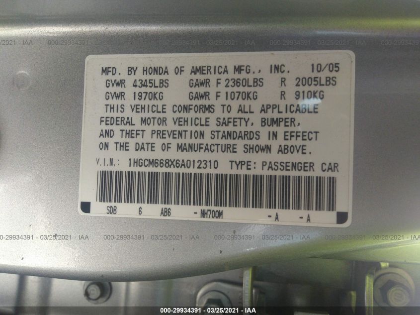 1HGCM668X6A012310 2006 Honda Accord 3.0 Ex