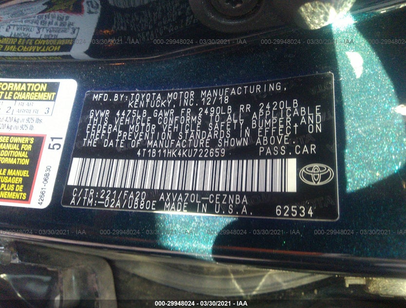 4T1B11HK4KU722659