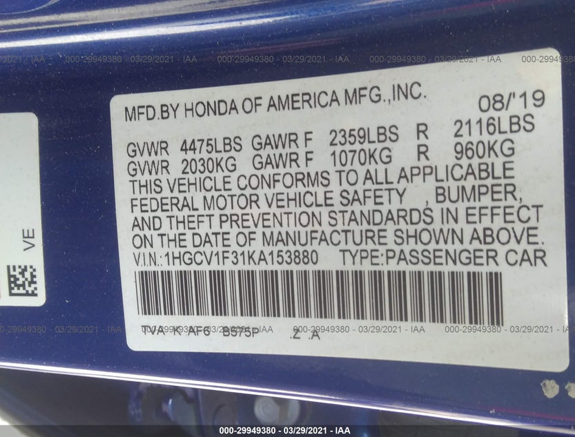 1HGCV1F31KA153880
