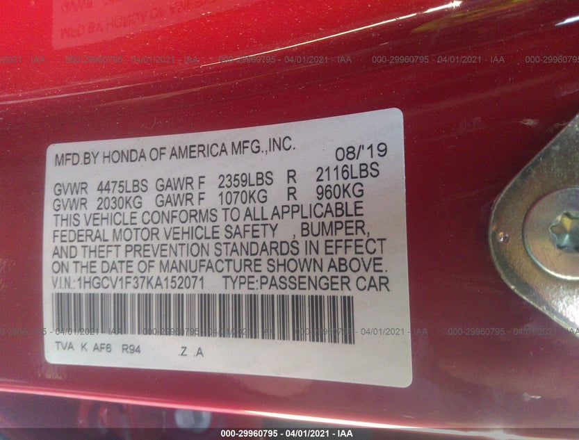1HGCV1F37KA152071