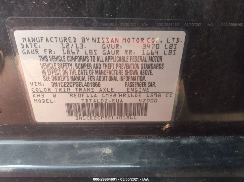 3N1CE2CP5EL401866 2014 Nissan Versa Note Sv