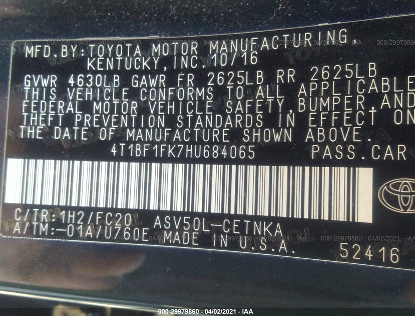 4T1BF1FK7HU684065