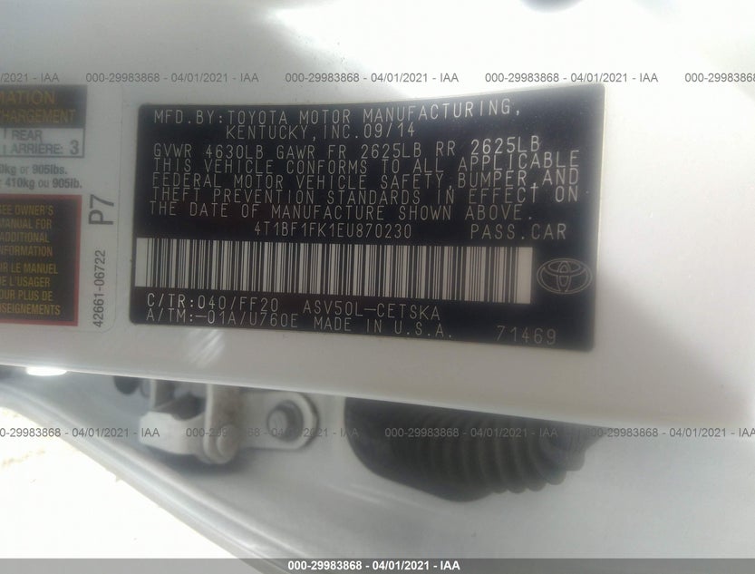4T1BF1FK1EU870230